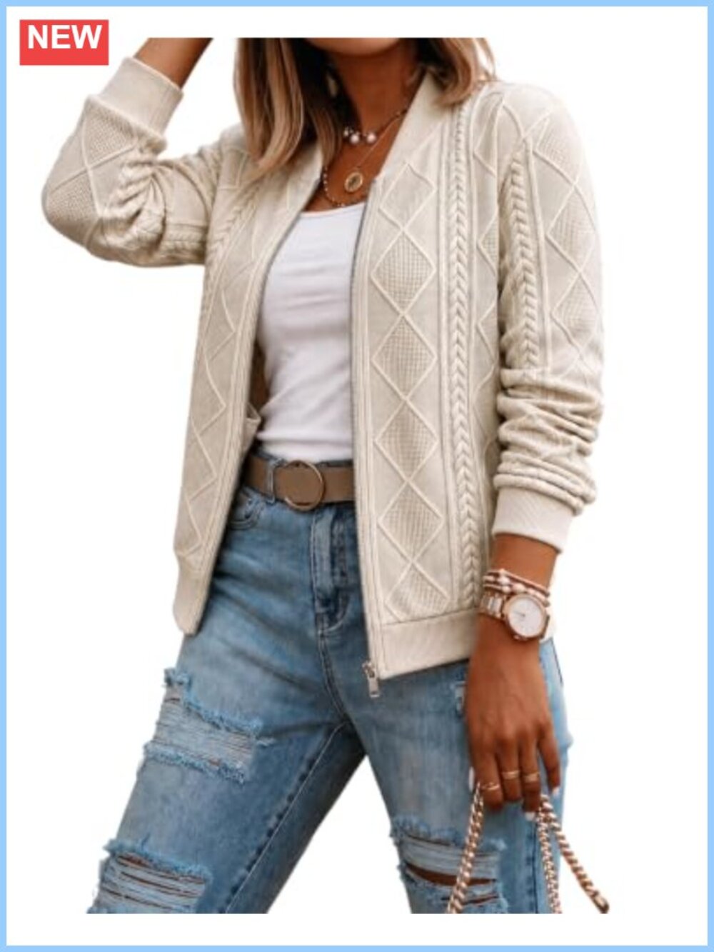 Women's Cable Knit Casual Jacket Cropped Stand Collar Zip Up Argyle Coat